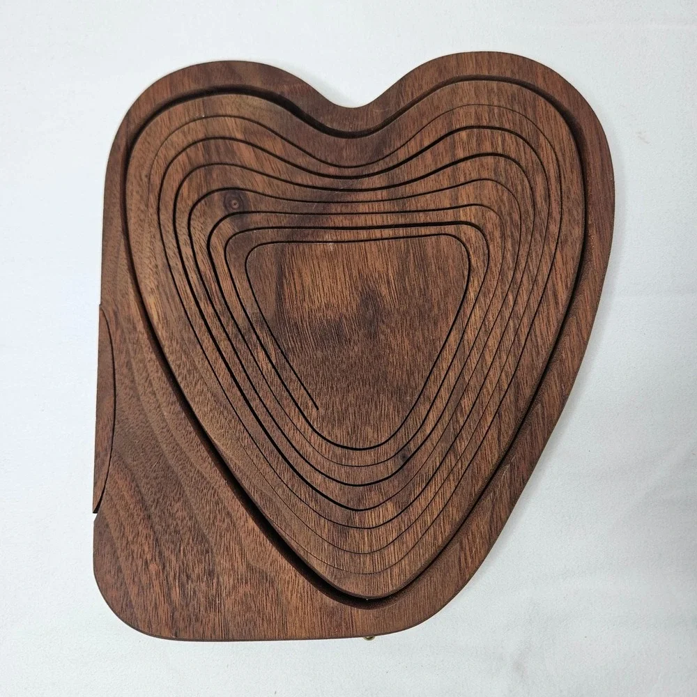 Vintage Heart Shaped Collapsible Wood Fruit Basket Trivet Walnut MCM Decor 10x11